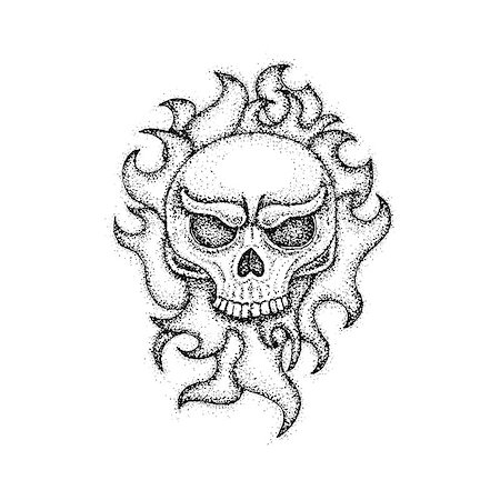 simsearch:400-04509148,k - Dotwork Human Skull with Fire. Vector Illustration of Boho Style T-shirt Design. Hipster Tattoo Hand Drawn Sketch. Photographie de stock - Aubaine LD & Abonnement, Code: 400-08955633