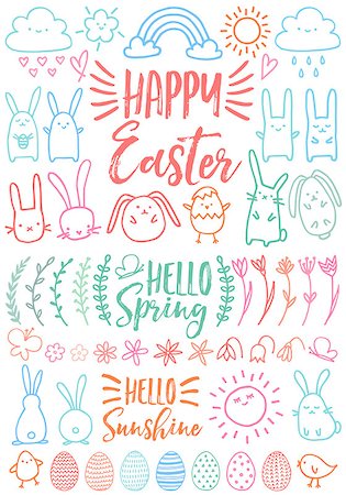 simsearch:400-07552577,k - Happy Easter, hand-drawn bunnies, eggs and floral doodles, set of vector design elements Photographie de stock - Aubaine LD & Abonnement, Code: 400-08955727