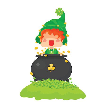 pot of gold - Vector Illustration of St. Patrick's Day Happy Leprechaun with Pot of Gold Coins for Greeting Card. Stock Photo - Budget Royalty-Free & Subscription, Code: 400-08955752