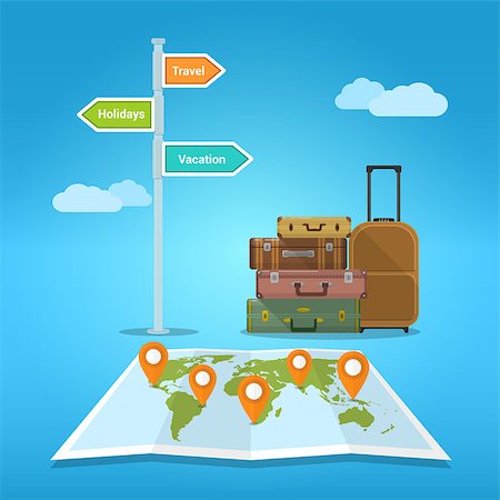 simsearch:400-08696041,k - Picture of of suitcases stack with world map and road sign. Vacation and travel concept. Fotografie stock - Microstock e Abbonamento, Codice: 400-08955772