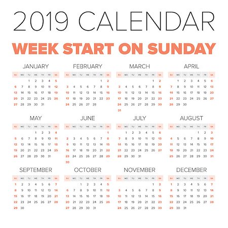 Simple 2019 year calendar, week starts on Monday Foto de stock - Royalty-Free Super Valor e Assinatura, Número: 400-08955857