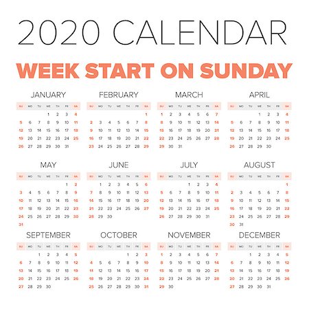 semana - Simple 2020 year calendar, week starts on Monday Foto de stock - Super Valor sin royalties y Suscripción, Código: 400-08955858
