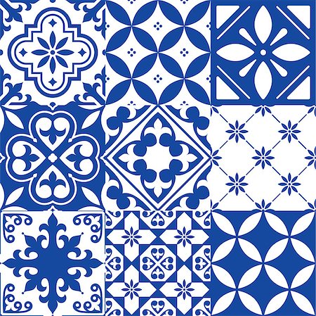 Repetitive wallpaper background inspired by ceramic tiles from Spain or Morocco, mosaic with flowers Stock Photo - Budget Royalty-Free & Subscription, Code: 400-08956061