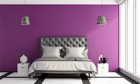 simsearch:400-07796866,k - Modern master bedroom with black leather bedroom and purple wall - 3d rendering Stock Photo - Budget Royalty-Free & Subscription, Code: 400-08956226