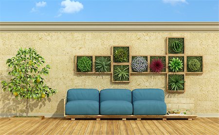 simsearch:400-08554639,k - Blue pallet sofa with vertical garden on stone wall - 3d rendering Stock Photo - Budget Royalty-Free & Subscription, Code: 400-08956228