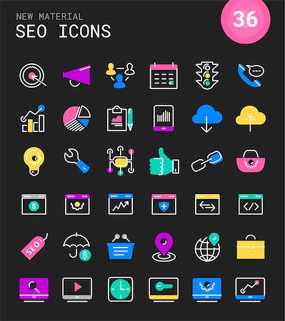 financial pie icon - Trendy linear SEO icons in bright colored retro 80s, 90s memphis style Stock Photo - Budget Royalty-Free & Subscription, Code: 400-08956866