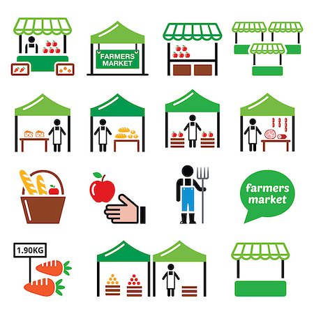 Vector icons set - market stalls selling fruit, vegetables, meat and dairy Stock Photo - Budget Royalty-Free & Subscription, Code: 400-08956943