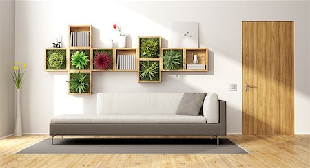 simsearch:400-08797073,k - Modern living room with vertical garden,sofa and wooden door - 3d rendering Photographie de stock - Aubaine LD & Abonnement, Code: 400-08957040