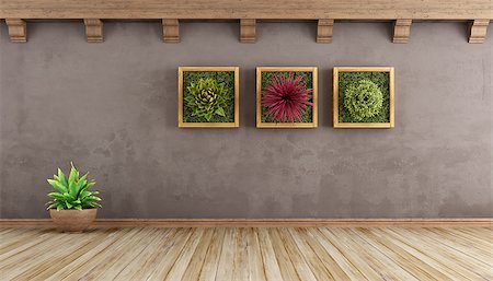 empty old living room - Retro living room with brown wall and plants on wall - 3d rendering Stock Photo - Budget Royalty-Free & Subscription, Code: 400-08957041
