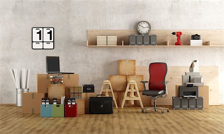 Interior moving office with furniture,cardboard boxes, laptop and other objects - 3d rendering Stock Photo - Budget Royalty-Free & Subscription, Code: 400-08957043