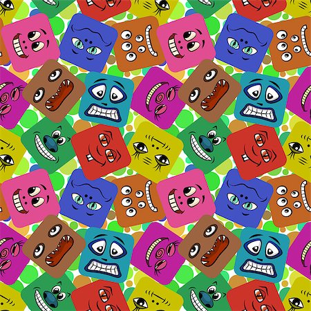 simsearch:400-08752377,k - Seamless Background with Smileys, Monsters, Funny Cartoon Characters, Different Faces in Colorful Squares, Tile Pattern for Your Design. Vector Stockbilder - Microstock & Abonnement, Bildnummer: 400-08957209