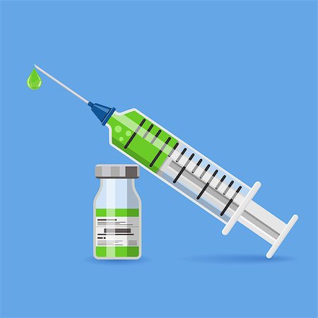 icon plastic medical syringe with needle, drop and vial in flat style, concept of vaccination, injection, isolated vector illustration Stock Photo - Budget Royalty-Free & Subscription, Code: 400-08957279