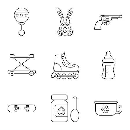 Baby thin line related vector icon set for web and mobile applications. Set includes - rattle, rabbit, gun, walker, roller skateboard, feeding bottle, food, skateboard, potty.  It can be used as - logo, pictogram, icon, infographic element. Stock Photo - Budget Royalty-Free & Subscription, Code: 400-08957383