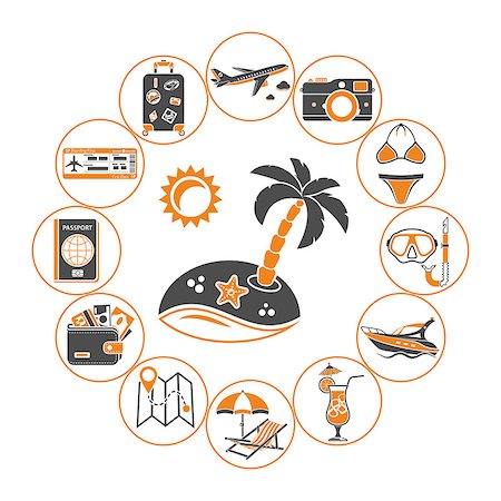 simsearch:400-08113377,k - Vacation Time and Tourism Concept in Flat style two color icons such as Map, Boat, Luggage, Trip, Cocktail, Island and Aircraft. isolated vector illustration Stock Photo - Budget Royalty-Free & Subscription, Code: 400-08957395