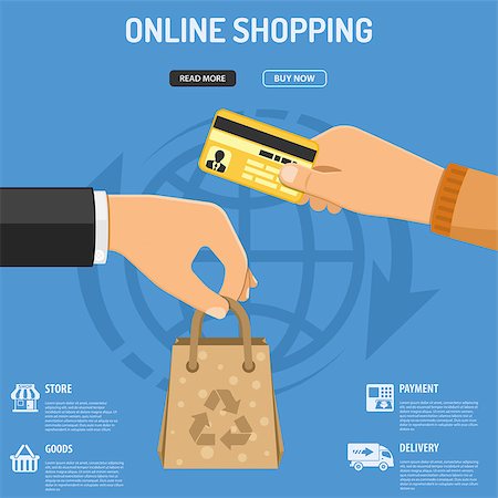 simsearch:400-08133411,k - Online shopping Concept with Flat Icons Hand with paper bag and Hand with credit card. isolated vector illustration Foto de stock - Royalty-Free Super Valor e Assinatura, Número: 400-08957397