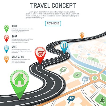 simsearch:400-08957399,k - Travel and Navigation Concept with flat icons marking road, pointer and map. vector illustration Photographie de stock - Aubaine LD & Abonnement, Code: 400-08957398