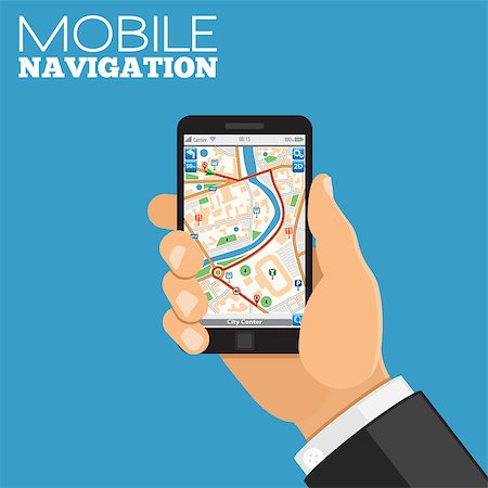Mobile GPS Navigation Concept. Hand holds smartphone with map. flat style icons. isolated vector illustration Stock Photo - Budget Royalty-Free & Subscription, Code: 400-08957401