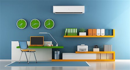 room with air conditioner - Colorful home office with laptop,printer and shelf on wall - 3d rendering Stock Photo - Budget Royalty-Free & Subscription, Code: 400-08957670