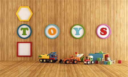 Wooden playroom with colorful toys - 3d rendering Stock Photo - Budget Royalty-Free & Subscription, Code: 400-08957671