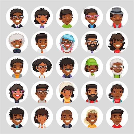 simsearch:400-08957273,k - Set of 25 flat african american round avatars on white circles. Cartoon people. Clipping paths included. Stock Photo - Budget Royalty-Free & Subscription, Code: 400-08958189
