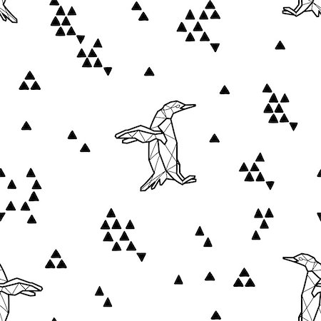 drawn baby - Seamless black and white kids tribal pattern with penguins and triangles. Vector illustration. Stock Photo - Budget Royalty-Free & Subscription, Code: 400-08958438