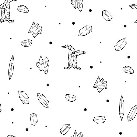 drawn baby - Seamless black and white kids tribal pattern with penguins and low-poly crystals. Vector illustration. Stock Photo - Budget Royalty-Free & Subscription, Code: 400-08958454