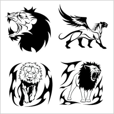 Stylized black lions. Set of black and white vector illustrations. Stock Photo - Budget Royalty-Free & Subscription, Code: 400-08958583