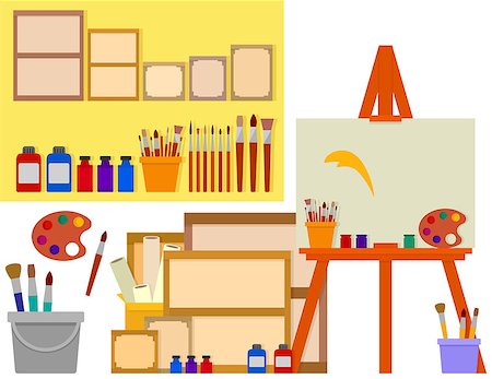 art studio on flat design with artist tools - easel, palette, paints and other tools set Stock Photo - Budget Royalty-Free & Subscription, Code: 400-08958618