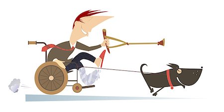 Comic man with bandage on the broken leg sitting in the wheelchair and points a dog, hauling him by rope, there to go using a crutch Stock Photo - Budget Royalty-Free & Subscription, Code: 400-08958861