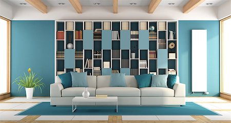 simsearch:400-08797073,k - White and blue large living room with bookcase and sofa - 3d rendering Photographie de stock - Aubaine LD & Abonnement, Code: 400-08958957