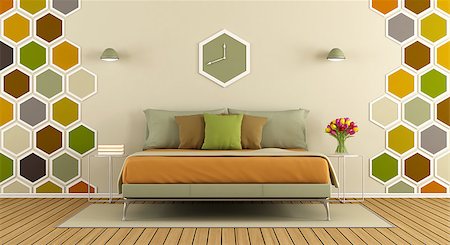simsearch:400-07796866,k - Master bedroom with hexagon decorations on wall- 3d rendering Stock Photo - Budget Royalty-Free & Subscription, Code: 400-08958953