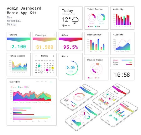 simsearch:400-08645953,k - New Material design style responsive Management and Administration Dashbord UI mobile app template, with bright line and gradient elements. Smartphone mockups and infographics charts kit Stock Photo - Budget Royalty-Free & Subscription, Code: 400-08959103