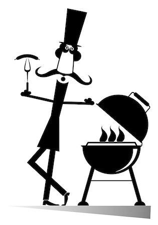 Comic man in the top hat frying sausages and steaks on the grill Stock Photo - Budget Royalty-Free & Subscription, Code: 400-08959125