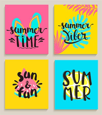 party banner - Four bright summer cards on colour background with watermelon, lemon, tropical leaves and slippers. Fun quote design logo or label. Vector illustration. Stock Photo - Budget Royalty-Free & Subscription, Code: 400-08959545