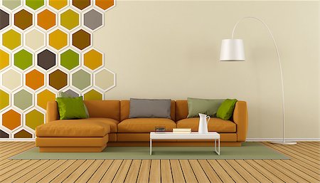 simsearch:400-06795753,k - Modern living room with hexagon decorations on wall and orange sofa - 3d rendering Stock Photo - Budget Royalty-Free & Subscription, Code: 400-08959685