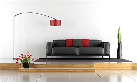 Two levels living room with black sofa - 3d rendering Stock Photo - Budget Royalty-Free & Subscription, Code: 400-08959686