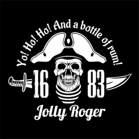 simsearch:400-06084708,k - Pirates Jolly Roger symbol. Vector poster of skull with pirate eye patch, crossed bones and swords or sabers. Black flag for entertainment party decor, alcohol drink bar or pub emblem or sign on black Stock Photo - Budget Royalty-Free & Subscription, Code: 400-08959898
