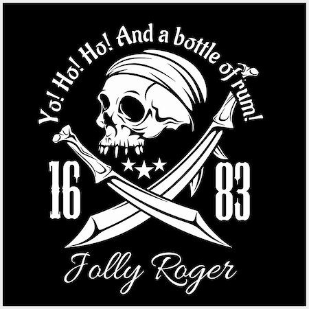 simsearch:400-09046433,k - Pirates Jolly Roger symbol. Vector poster of skull with pirate eye patch, crossed bones and swords or sabers. Black flag for entertainment party decor, alcohol drink bar or pub emblem or sign on black Foto de stock - Super Valor sin royalties y Suscripción, Código: 400-08959906