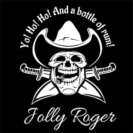 simsearch:400-06084708,k - Pirates Jolly Roger symbol. Vector poster of skull with pirate eye patch, crossed bones and swords or sabers. Black flag for entertainment party decor, alcohol drink bar or pub emblem or sign on black Stock Photo - Budget Royalty-Free & Subscription, Code: 400-08959900
