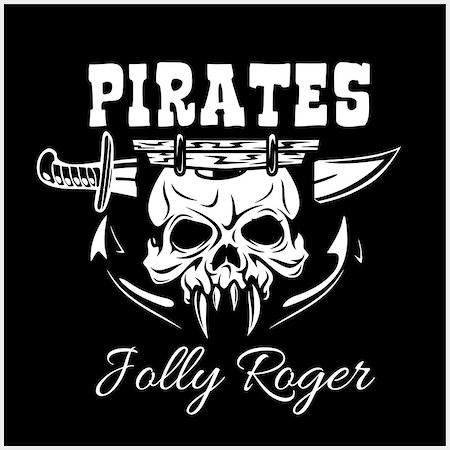 simsearch:400-06084708,k - Pirates Jolly Roger symbol. Vector poster of skull with pirate eye patch, crossed bones and swords or sabers. Black flag for entertainment party decor, alcohol drink bar or pub emblem or sign on black Stock Photo - Budget Royalty-Free & Subscription, Code: 400-08959902