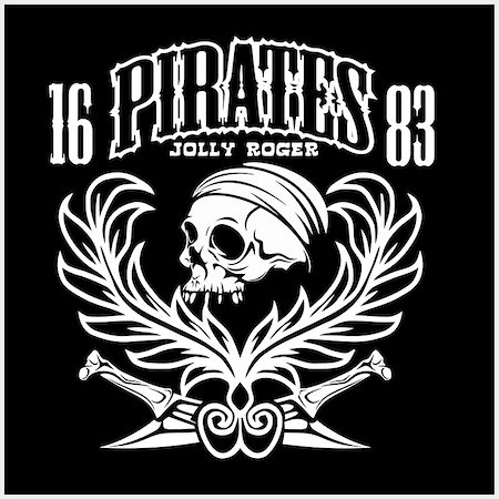 simsearch:400-06084708,k - Pirates Jolly Roger symbol. Vector poster of skull with pirate eye patch, crossed bones and swords or sabers. Black flag for entertainment party decor, alcohol drink bar or pub emblem or sign on black Stock Photo - Budget Royalty-Free & Subscription, Code: 400-08959903