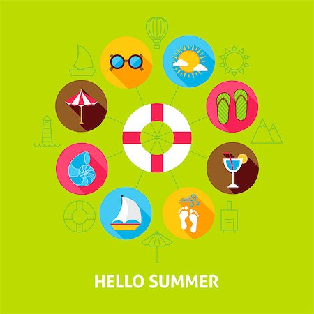 sea postcards vector - Hello Summer Concept. Vector Illustration of Sea Holiday Infographics Circle with Flat Icons. Stock Photo - Budget Royalty-Free & Subscription, Code: 400-08964098
