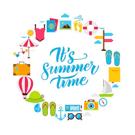 simsearch:400-09186100,k - Summer Time Flat Circle. Set of Sea Travel Objects with Handwritten Lettering. Stock Photo - Budget Royalty-Free & Subscription, Code: 400-08964112