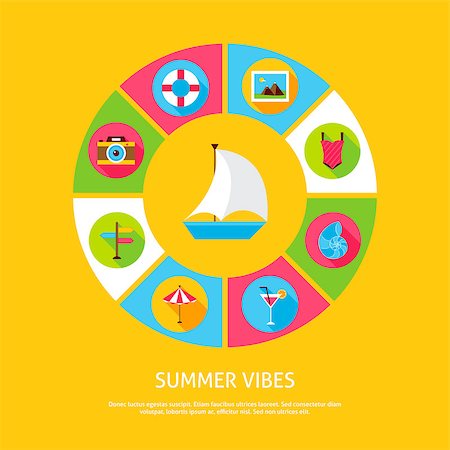 sea postcards vector - Summer Vibes Concept. Vector Illustration of Sea Holiday Infographics Circle with Icons. Stock Photo - Budget Royalty-Free & Subscription, Code: 400-08964124