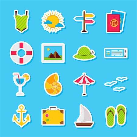 simsearch:400-09115085,k - Summer Travel Stickers. Vector Illustration Flat Style. Collection of Seasonal Holiday Symbols. Foto de stock - Royalty-Free Super Valor e Assinatura, Número: 400-08964123