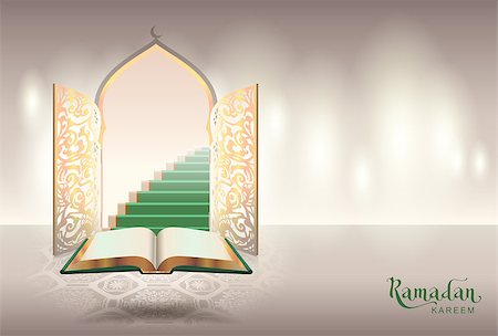 ramadan - Ramadam kareem text greeting card. Open book of Koran and gateway to paradise. Vector illustration Foto de stock - Super Valor sin royalties y Suscripción, Código: 400-08964237