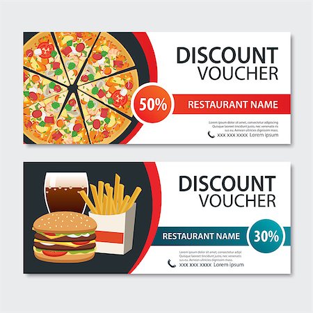 Discount voucher fast food template design. Set of pizza, hamburger, french fries. Foto de stock - Super Valor sin royalties y Suscripción, Código: 400-08964295