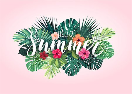 summer beach postcard - Summer tropical design for banner or flyer with exotic palm leaves, hibiscus flowers and lettering. Vector illustration. Stock Photo - Budget Royalty-Free & Subscription, Code: 400-08964307