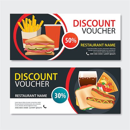 Discount voucher fast food template design. Set of pizza, sandwich, french fries, hot dog Stock Photo - Budget Royalty-Free & Subscription, Code: 400-08964300