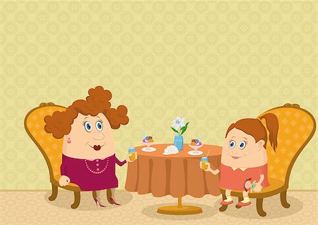 Fat mother and daughter sitting near the table in a restaurant, drinking juice and eating ice cream, funny cartoon illustration. Vector Stock Photo - Budget Royalty-Free & Subscription, Code: 400-08964748